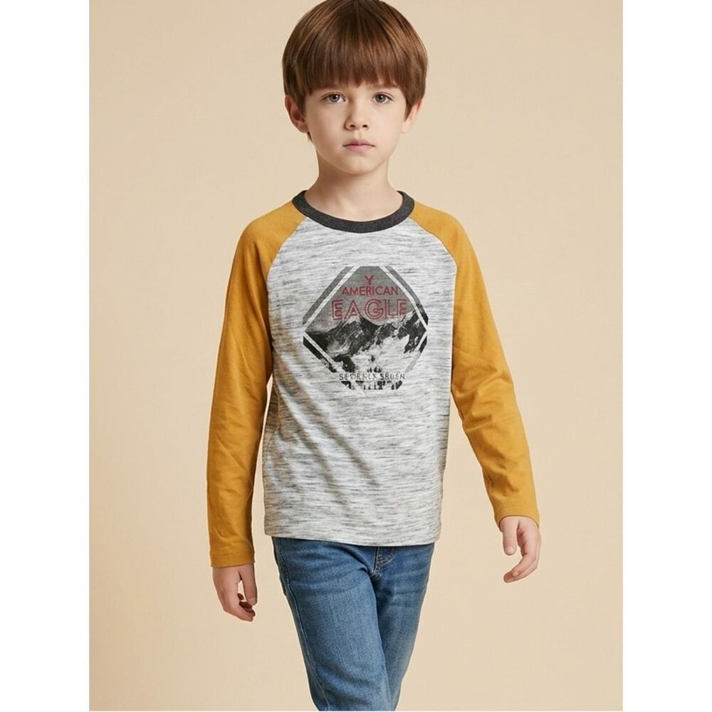 NWT American Eagle Youth Boys Baseball Long Sleeve Gray Graphic Tee Shirt Size 8
